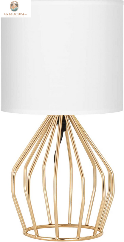 Gold Table Lamp - Modern Style Desk Lamp with Hollowed Out Base Linen Fabric Shade, Small Golden Bedside Lamp for Bedrooms, Living Room