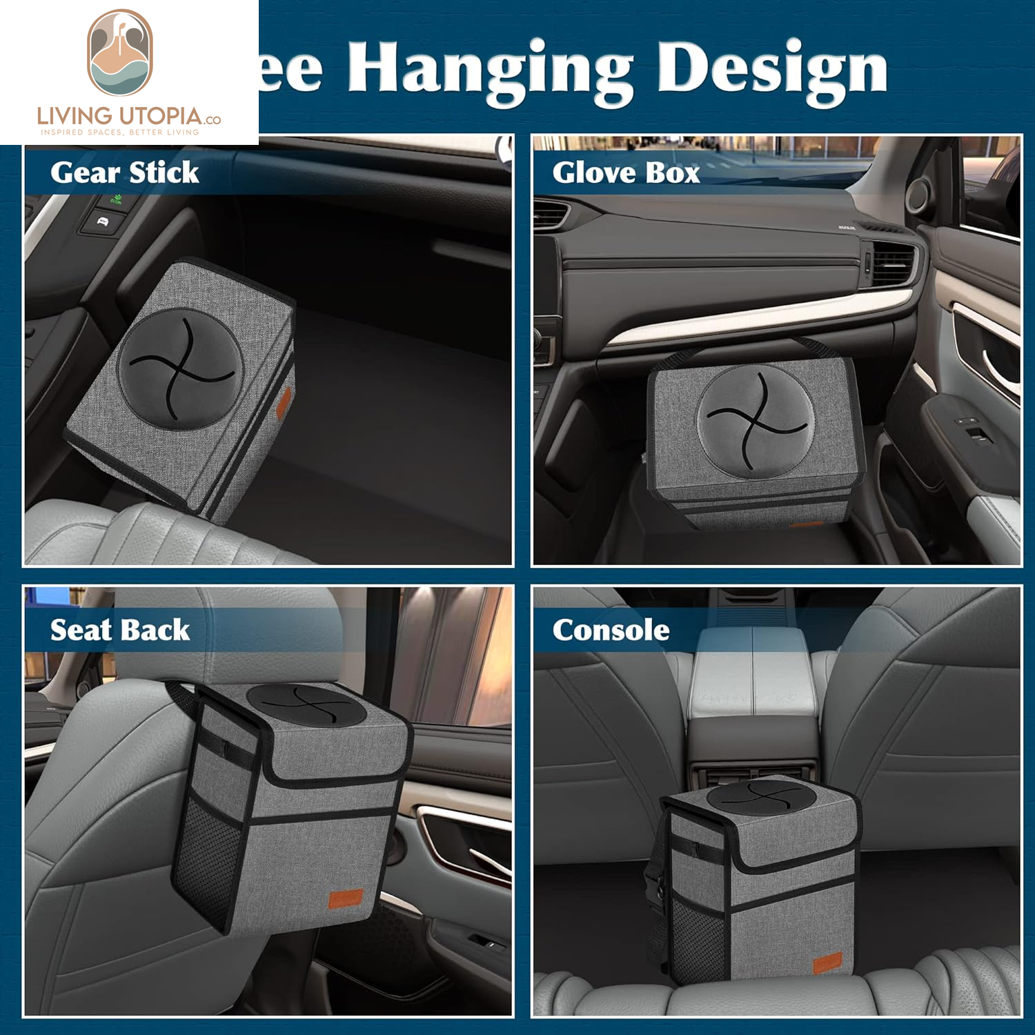 Car Trash Can Leak Proof Car Trash Bag Waterproof Car Garbage Can with Lid for SUV Front Seat Multipurpose Car Hanging for Headrest Collapsible and Portable with Storage Mesh Pocket, Grey