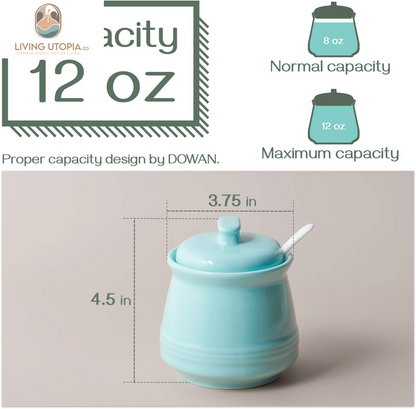 Sugar Bowl with Lid and Spoon,12Oz Ceramic Sugar Holder for Coffee Bar, Countertop, Sugar and Creamer Bowl, Kitchen Accessories and Decor, Teal