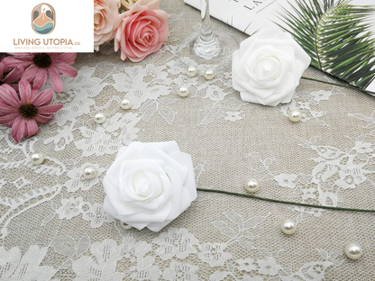 Artificial Flowers 50PCS Real Looking White Fake Roses with Stem for DIY Wedding Bouquets Centerpieces Party Baby Shower Home Decorations (White)