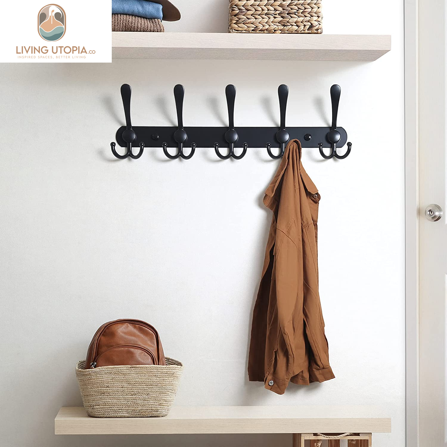 Coat Rack Wall Mounted - 5 Tri Hooks, Heavy Duty, Stainless Steel, Metal Coat Hook Rail for Coat Hat Towel Purse Robes Mudroom Bathroom Entryway (Black, 2 Packs)