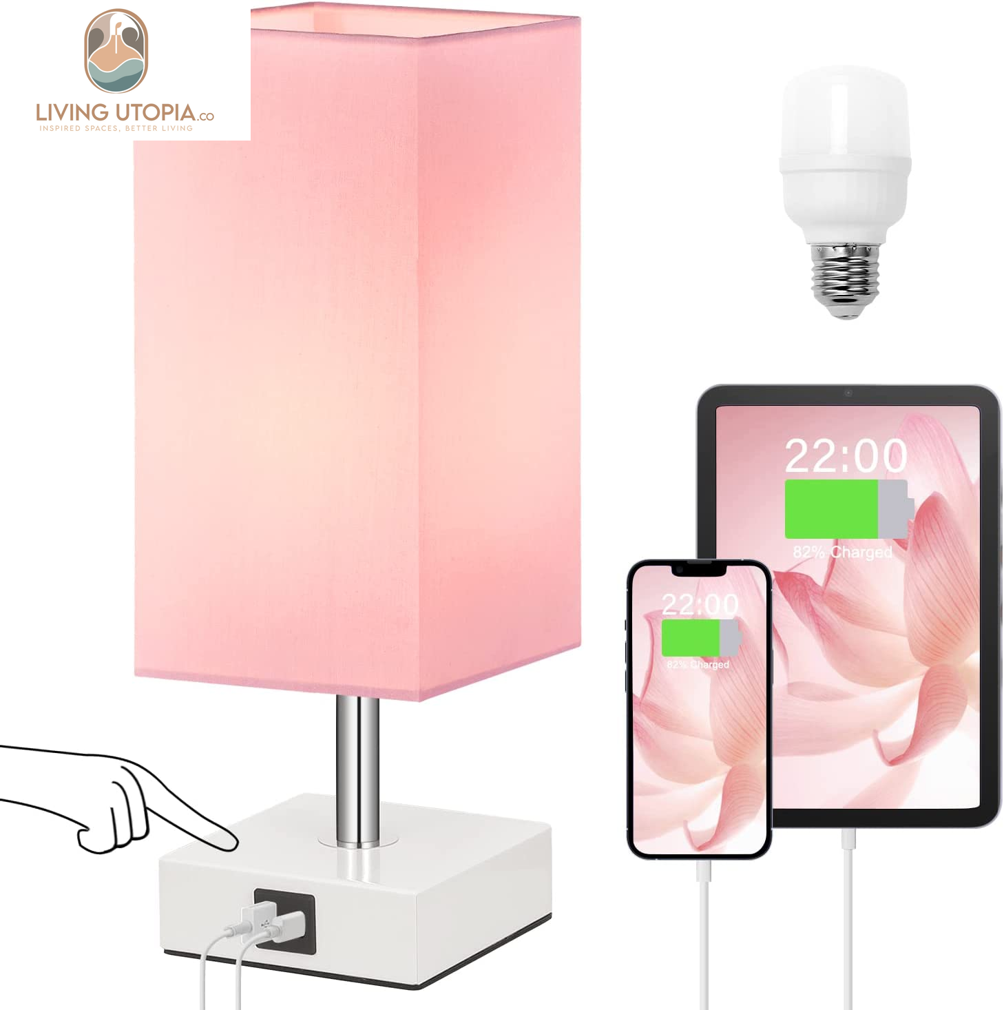 Touch Control Table Lamp with 2 USB Charging Ports, 3 Way Touch Lamps beside Desk, Nightstand Lamp for Bedrooms Living Room, Pink Shade with White Base, LED Bulb Included(Pink)