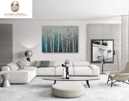 Birch Tree Canvas Wall Art Hand Painted Teal and White Color Painting with Gold Foil Modern Forest Pictures for Living Room Bedroom Office Decoration