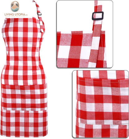 2 Pcs Chef Costume for Women Men Chef Hat Apron Set for Adult Baker Apron Hat for Cooking Cosplay(Red, White,Plaid Style)