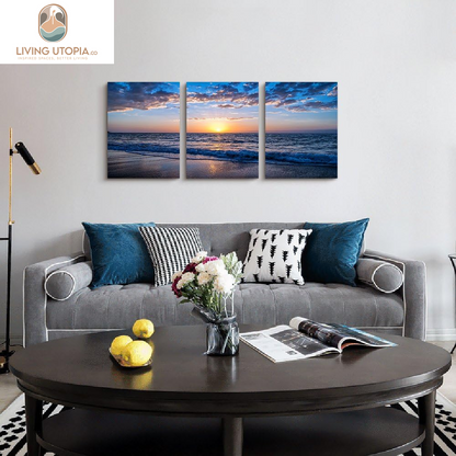 3 Piece Canvas Wall Art -Sunrise Blue Sea View Landscape - Modern Home Decor Room Stretched and Framed Ready to Hang - 12"X16"X3 Panels