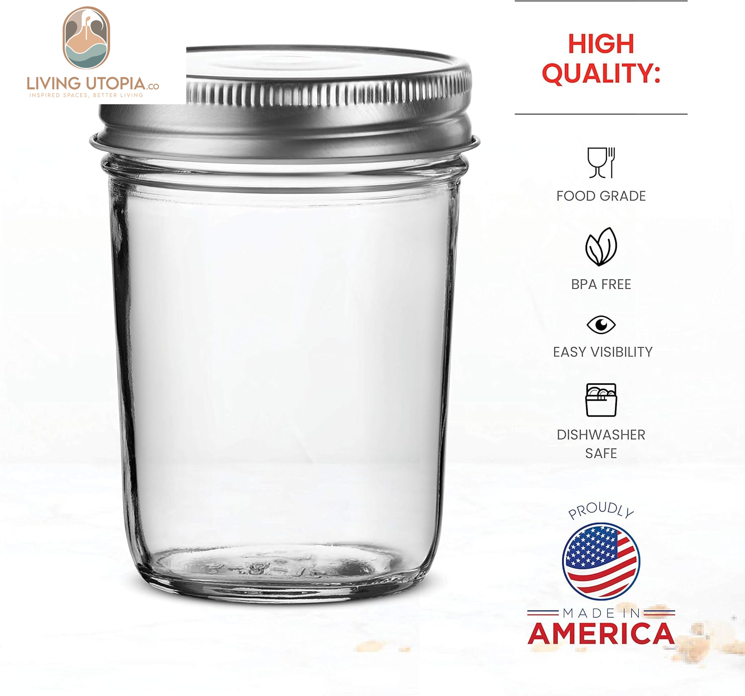 Glass Regular Mouth Mason Jars, 8 Oz Jars with Silver Metal Airtight Lids for Meal Prep, Dry Food Storage, Canning, Drinking, for Overnight Oats, Jelly, Spices, Salads, Yogurt (6 Pack)