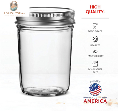 Glass Regular Mouth Mason Jars, 8 Oz Jars with Silver Metal Airtight Lids for Meal Prep, Dry Food Storage, Canning, Drinking, for Overnight Oats, Jelly, Spices, Salads, Yogurt (6 Pack)