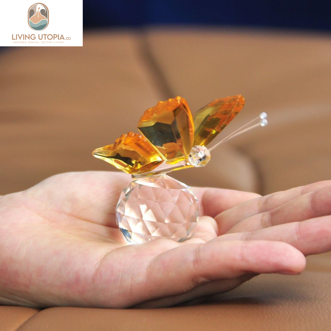 Crystal Flying Butterfly with Crystal Ball Base Figurine Collection Cut Glass Ornament Statue Animal Collectible (Yellow)