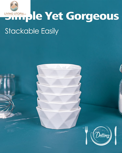 6 Oz Porcelain Ramekins/Dessert Bowls -  Geometric Ramekins Souffle Dishes - White Snack/Ramekins/Creme Brulee Dish Set for Baking, Dessert, Ice Cream - Ramekins Oven Safe Set of 6
