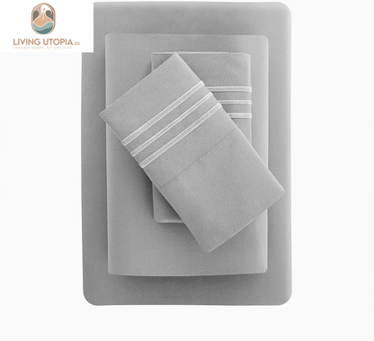Full Bed Sheets Set 1800 Series 4-Piece Embroidered Double Brushed Microfiber Sheets 16" Deep Pocket Hotel Soft Luxury Bedding Sheet Set, Wrinkle Resistant, Light Grey/Gray