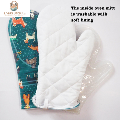 Oven Mitts Set of 2 with Transparent Clear Silicone Shell and Nice Dog Printing Cotton Lining, Heat Resistant to 500 F Kitchen Oven Gloves Pot Holder for Cooking (Blue)