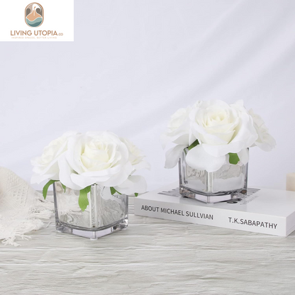 2 Pack Fake Flowers with Vase, Silk Roses Artificial Flowers in Vase, Faux Flower Arrangement with Vase Suitable for Home Office Decoration, Dining Table Centerpiece, Valentine'S Day