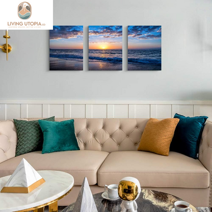 3 Piece Canvas Wall Art -Sunrise Blue Sea View Landscape - Modern Home Decor Room Stretched and Framed Ready to Hang - 12"X16"X3 Panels