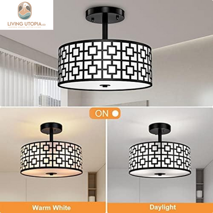 DLLT Flush Mount Ceiling Light: Modern 3-Light Semi Flush Mount Ceiling Light Fixture - Drum Kitchen Lighting Fixture for Dining Room - Black Bedroom Ceiling Lamp with Double Shade