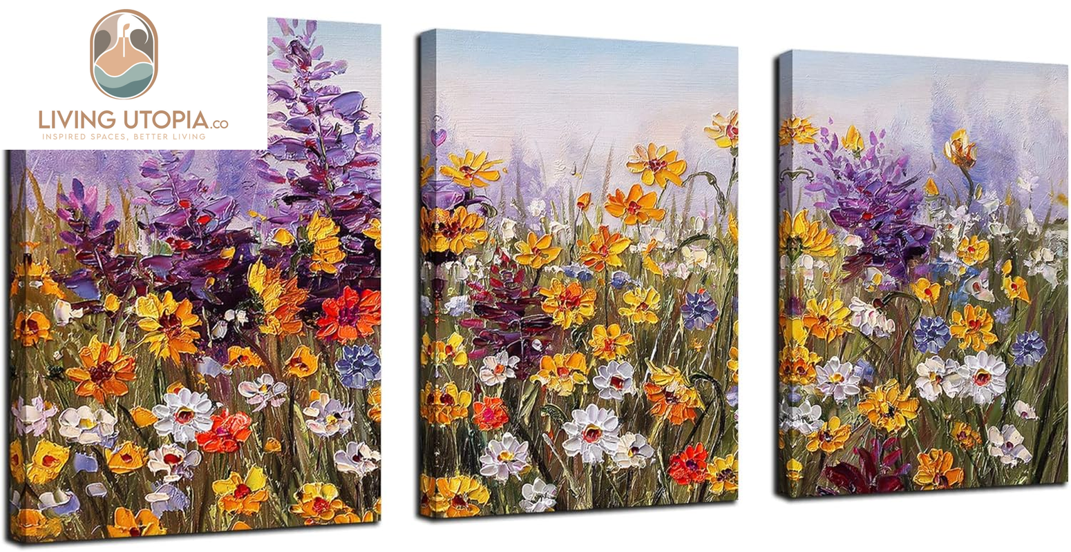 Flower Wall Art Daisy Colorful Canvas Romantic Floral Pictures Purple Yellow Painting, Wildflower Landscape Artwork Framed for Living Room Bedroom Bathroom Dinning Room Home Office Wall Decor
