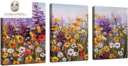 Flower Wall Art Daisy Colorful Canvas Romantic Floral Pictures Purple Yellow Painting, Wildflower Landscape Artwork Framed for Living Room Bedroom Bathroom Dinning Room Home Office Wall Decor