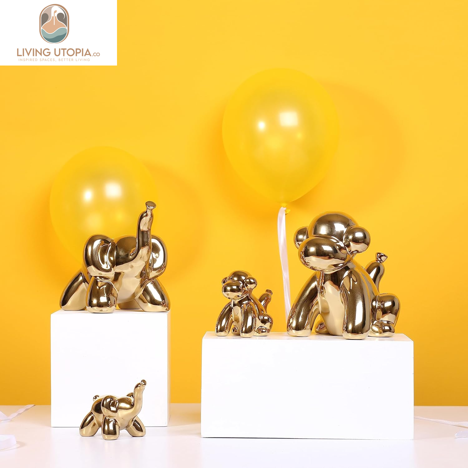 Gold Home Décor Balloon Figurine Accent, Small Ceramic Animal Statue Handmade Sculpture Ornament (Elephant)