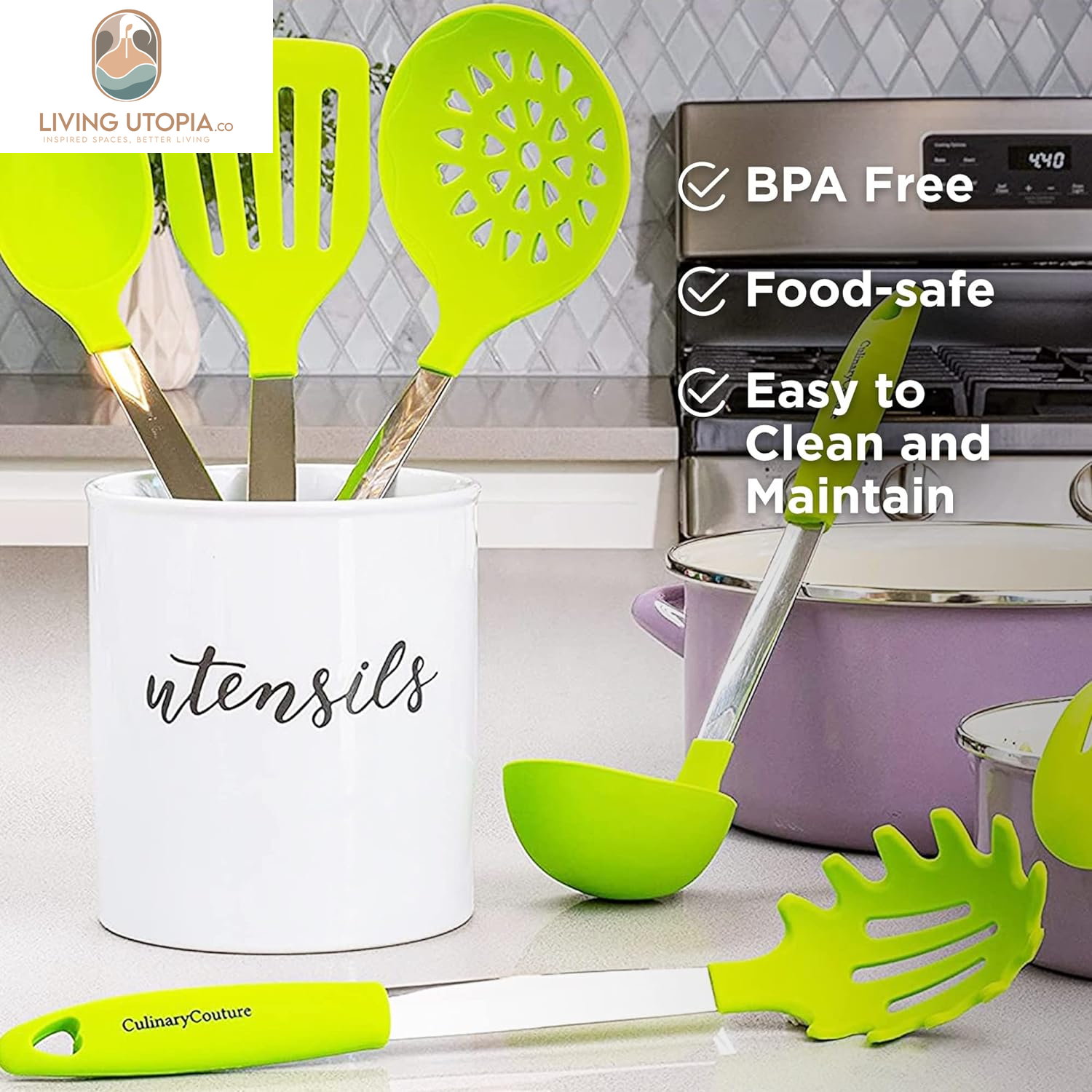 6-Piece Stainless Steel & Silicone Kitchen Utensils Set, Silicone Cooking Utensils, Heat Resistant Kitchen Cooking Utensils Set, Lime Green