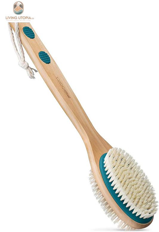 Back Scrubber for Shower – Long Handle Dual-Sided Brush for Body Wash & Scrubbing with Exfoliating & Soft Bristles (Teal, Wood)