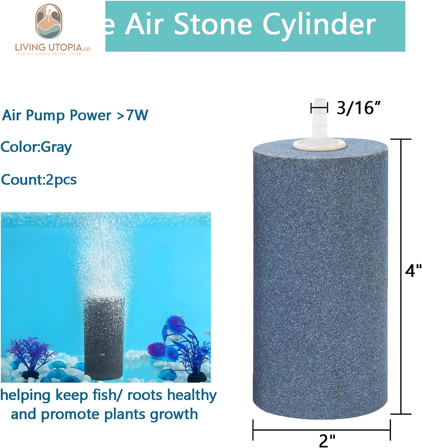 Aquarium Air Stone 4X2 Inch 2 Pack, Large Airstone, Aerator Bubble Diffuser, Air Pump Accessories for Aquariums, Hydroponic, Ponds and Fish Tanks
