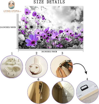 Canvas Wall Art Modern Purple Flowers Decor Black and White Framed Galsang Floral Print Poster Hanging Artwork Ready to Hang for Bedroom Living Room Bathroom Home Office Decoration 36L X 24W