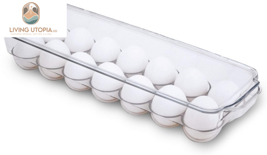 Stackable Refrigerator Egg Holder Bin with Handle and Lid - BPA Free Plastic - Fridge Drawer, Freezer Tray, Kitchen Pantry Storage Container Organizer - 14.65 X 3.25 Inch - Clear