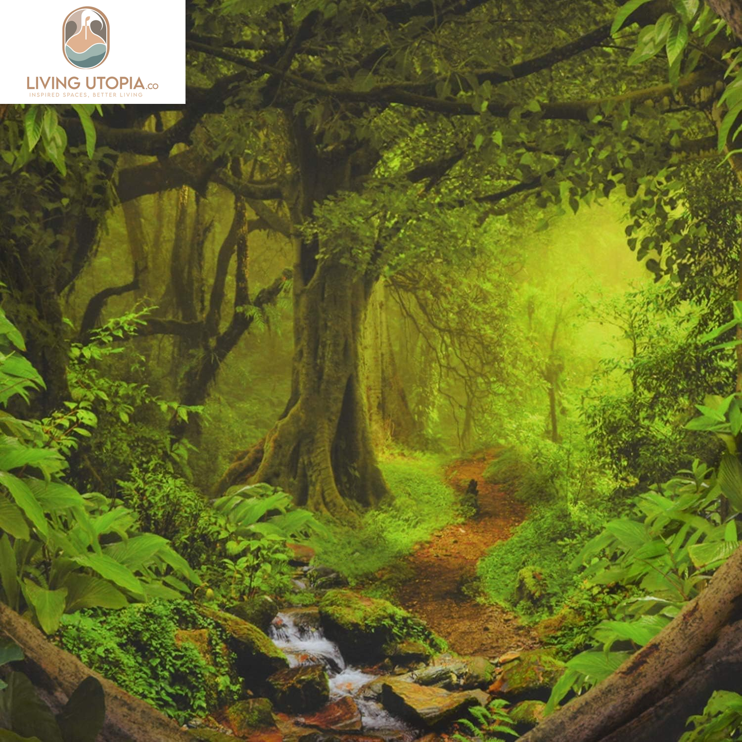 Forest Nature Tapestry - Tree Cave Wall Hanging, Misty Forest Stream through Rainforest Landscape, Jungle Creek Psychedelic for Living Room
