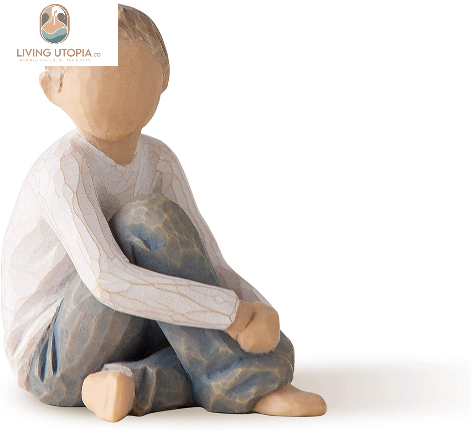 Caring Child, Nurtured by Your Loving Care, Seated Boy Figure in Blue Jeans, Works Well in Groupings That Reflect Family Relationships, Sculpted Hand-Painted Figure