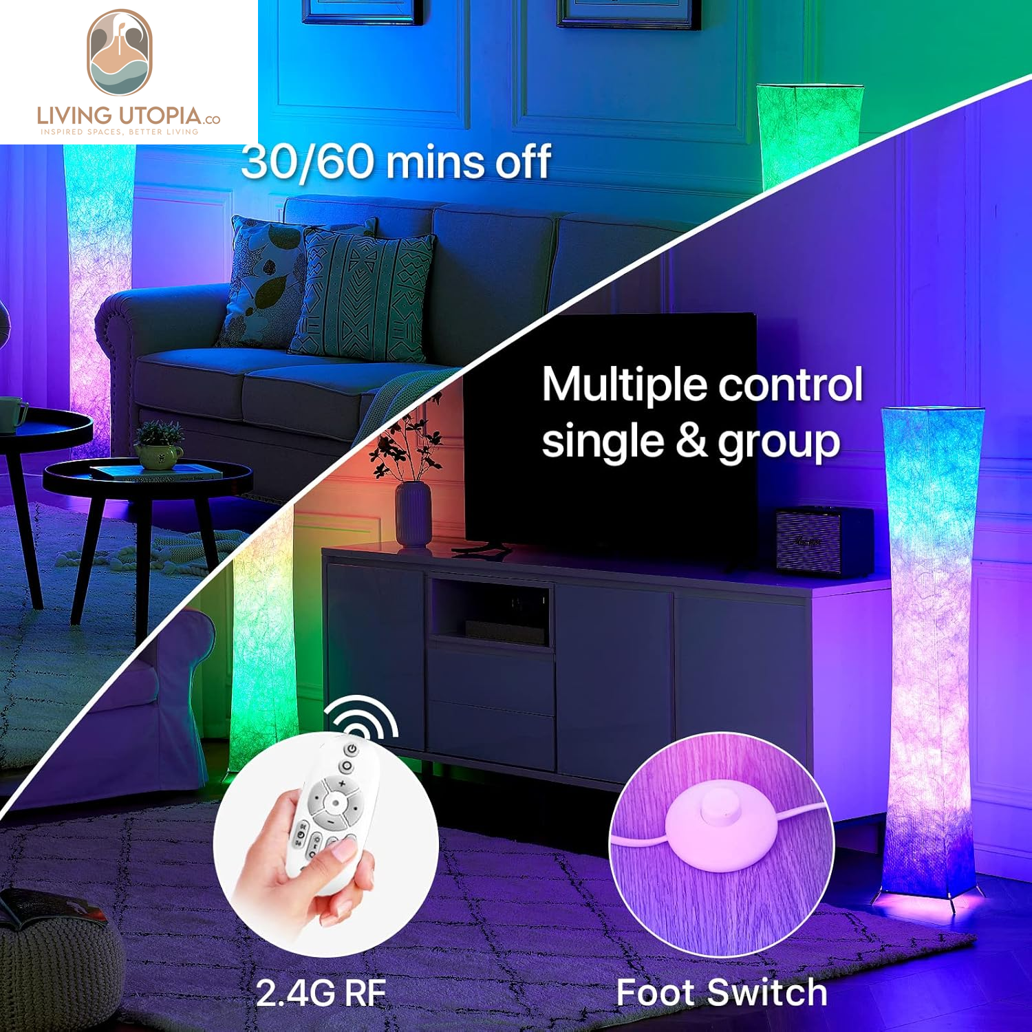Floor Lamp, 52"(S) Standing Lamp, RGB Color Changing LED Bulbs, Adjustable Brightness Color Temperature, Purple Grandient Fabric Lampshade, for Living Room, Bedroom, Kids Room