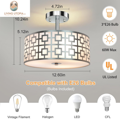DLLT Flush Mount Ceiling Light: Modern 3-Light Brushed Nickel Kitchen Light Fixture - Drum Lighting Fixture for Dining Room - Silver Bedroom Ceiling Lamp with Double Shade
