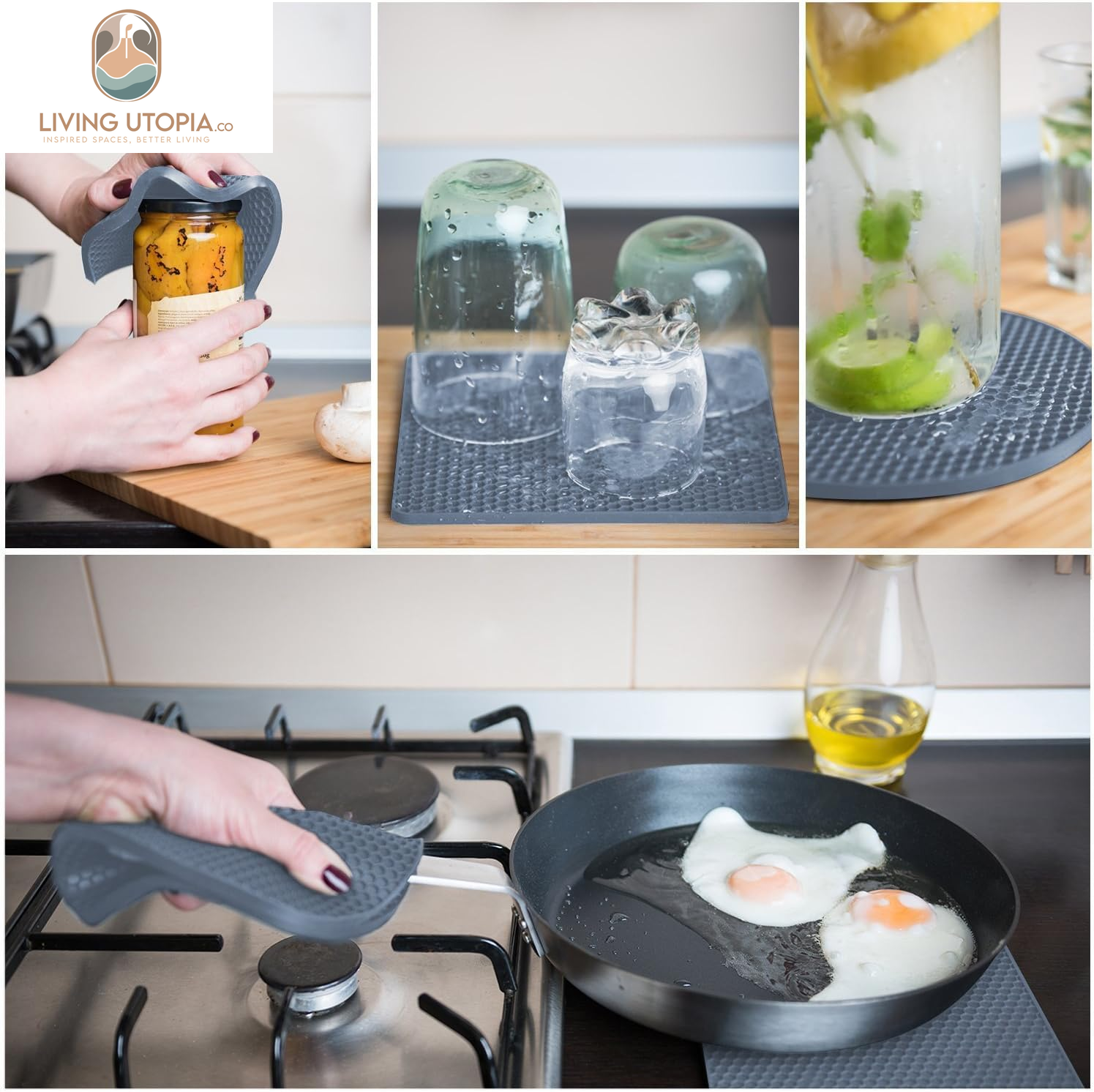 Silicone Trivet for Hot Dishes. Silicone Pot Holders Are Heat Resistant Mats for Countertop up to 440°F, Multipurpose - Non Slip Jar Opener Hot Disher Spoon Rest Food Grade & BPA Free (Gray)