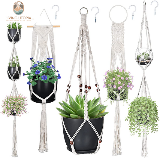 Macrame Plant Hangers, Hanging Planters Set of 5 with 5 Hooks, Hanging Planters for Indoor and Outdoor Plant Décor, Different Tier (5 Sizes) Beige