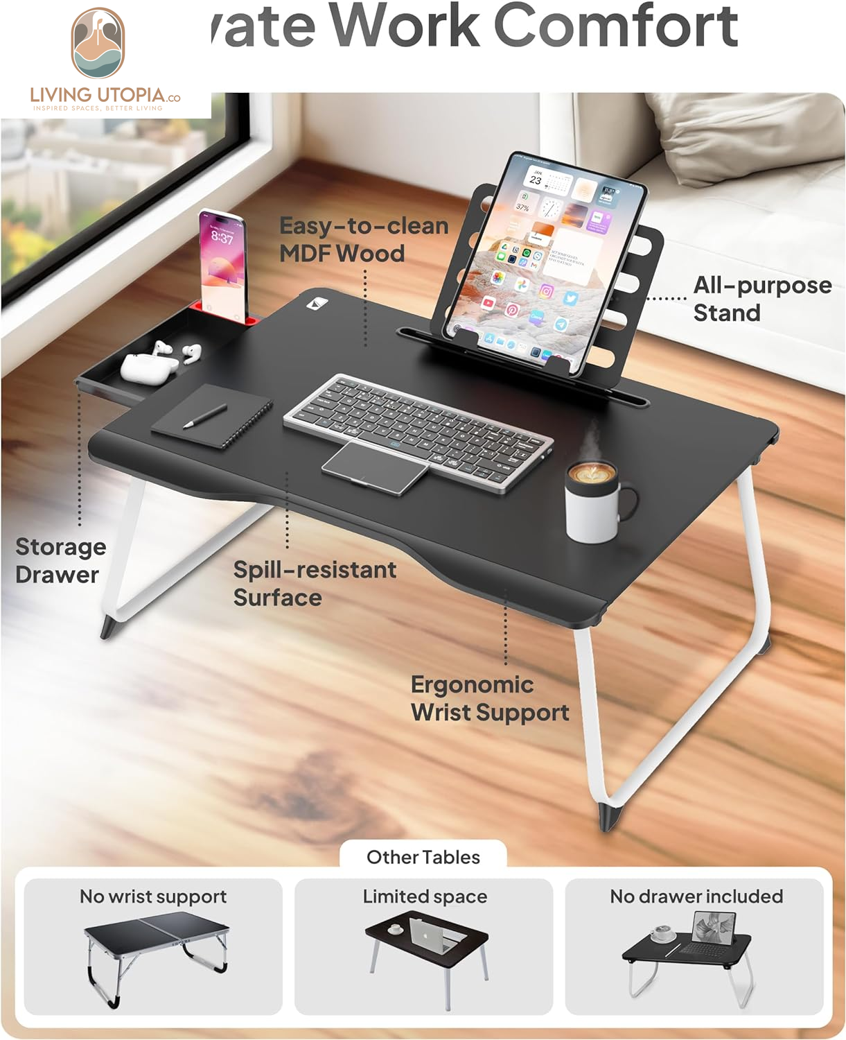 Cooper Mega Table plus [Premium XXL Extra Large] Laptop Lap Desk & Book Stand | Multifunctional Foldable Lap Desk, Laptop Desk for Bed, Portable Desk, Laptop Pad, Lapdesk Laptop Lap Tray (Black Onyx)