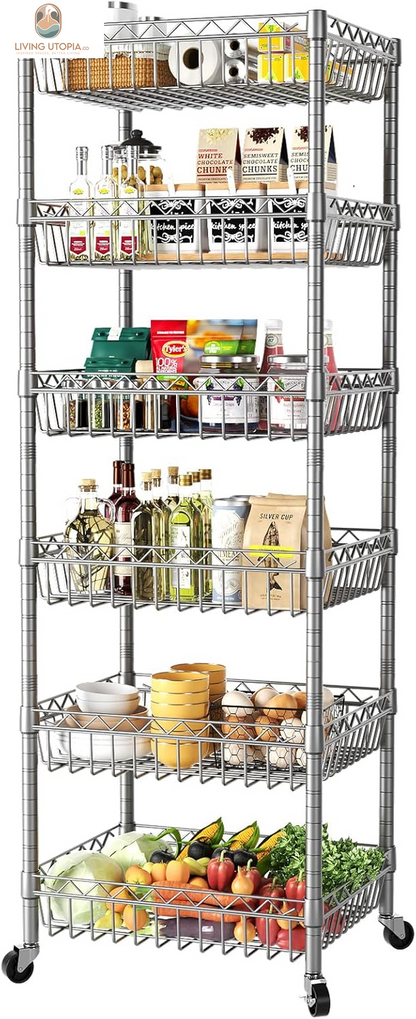 6 Tier Wire Shelving Unit with Baskets Storage Rack Corner Shelves Adjustable Shelf Closet Bathroom Organizers Metal Pantry Kitchen Garage Laundry Room 13.5" D X 13.5" W X 63" H Silver