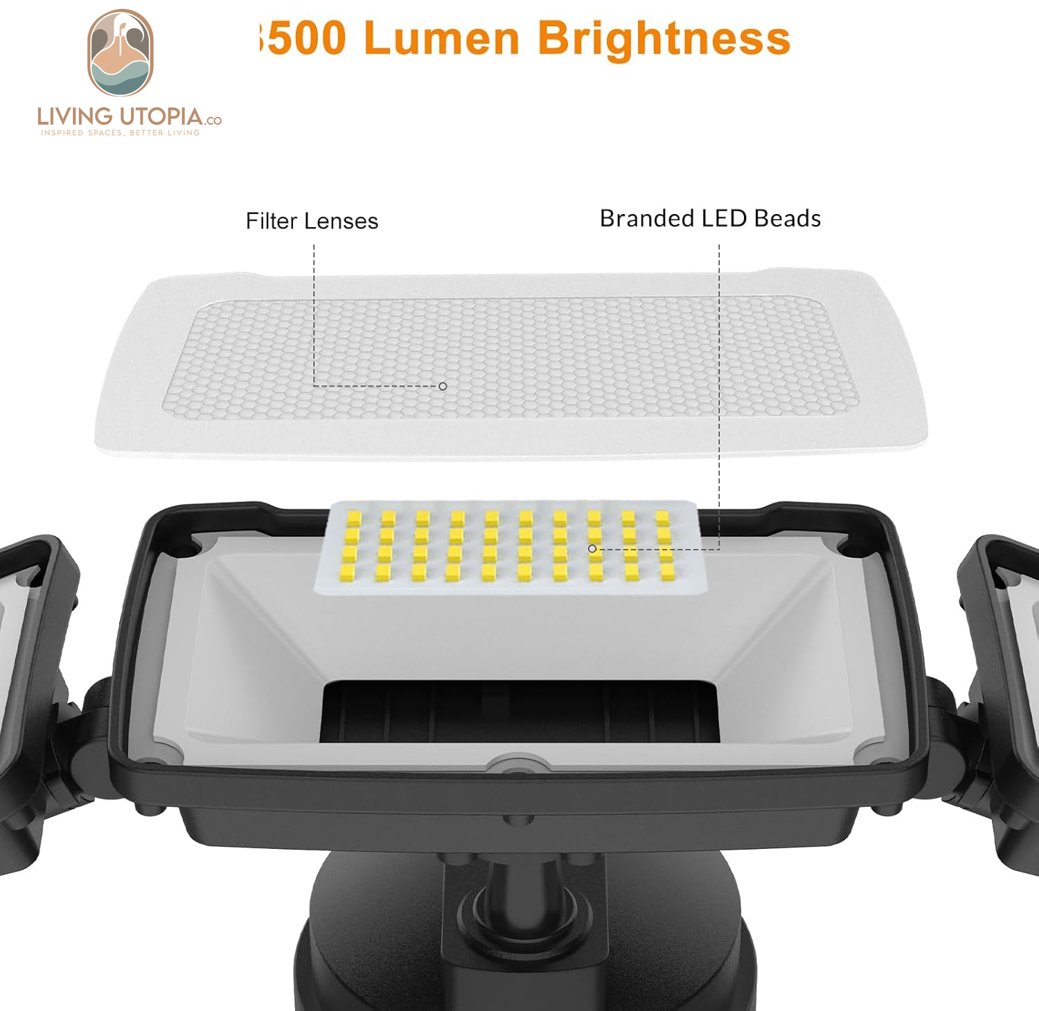 3500LM Dusk to Dawn LED Security Lights Outdoor, 35W Outdoor Flood Light with Photocell, 5500K, IP65 Waterproof 3 Head Exterior Light for Garage, Patio, Yard（Black）