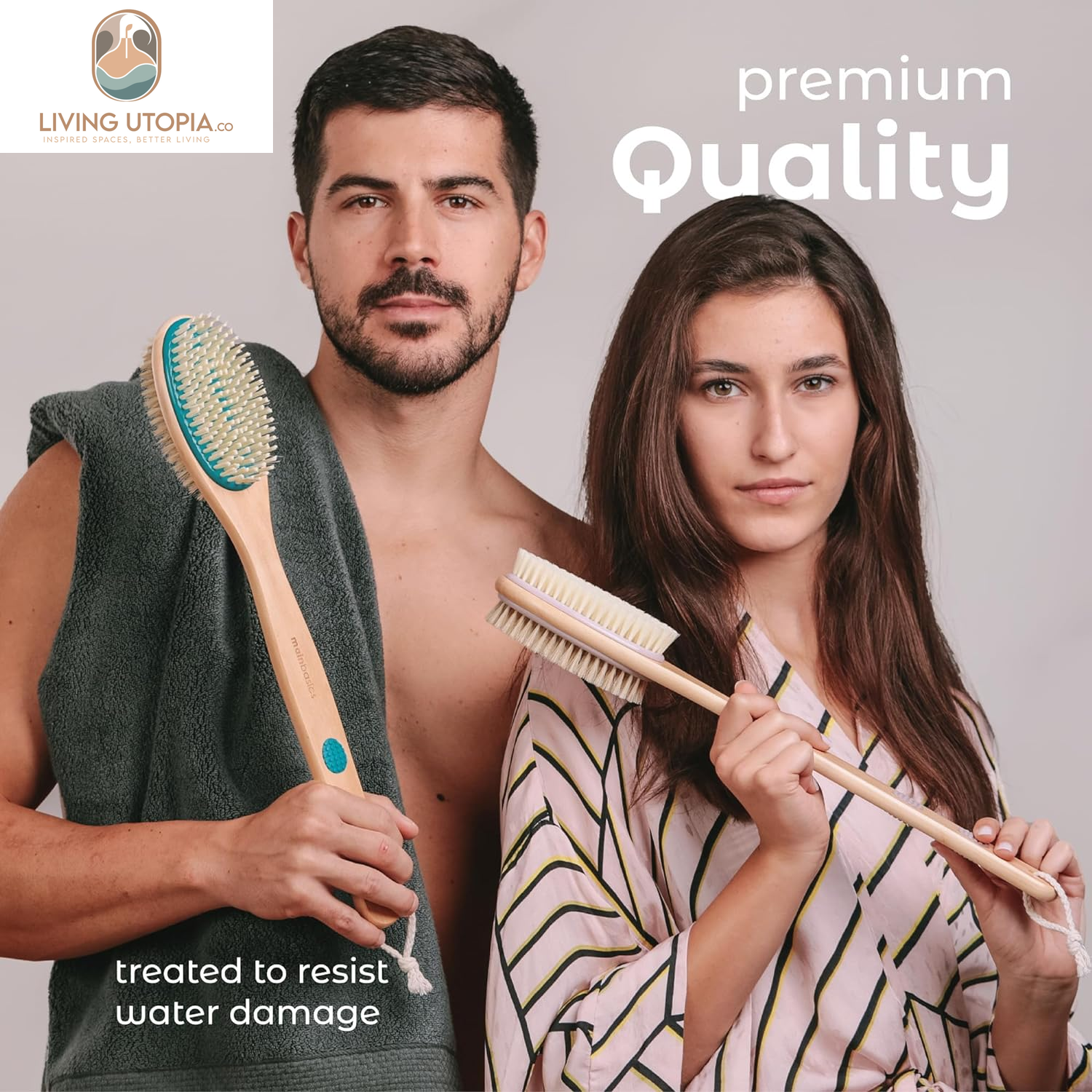 Back Scrubber for Shower – Long Handle Dual-Sided Brush for Body Wash & Scrubbing with Exfoliating & Soft Bristles (Teal, Wood)