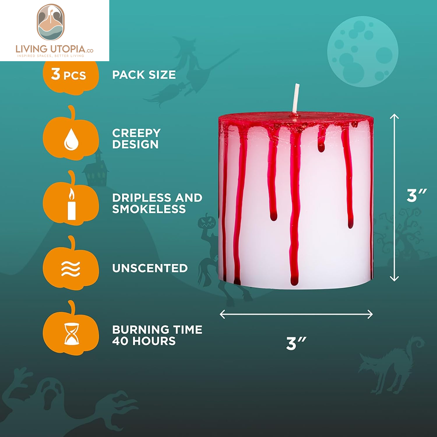 3X3 Pillar Candles Set of 3 - No Drip Candles - Decorative Candles Unscented Ideal as Halloween Candles and Bloody Halloween Decor - Bloody Candles Pillar