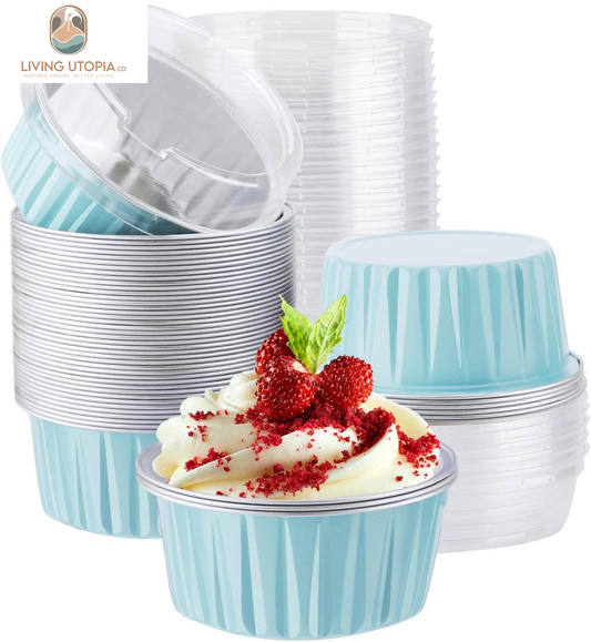 Aluminum Cups with Lids, 50Pcs 5Oz 125Ml Foil Cupcake Baking Cups, Muffin Liners Cups with Lids, Disposable Foil Ramekins Pans, Aluminum Foil Cupcake Holders