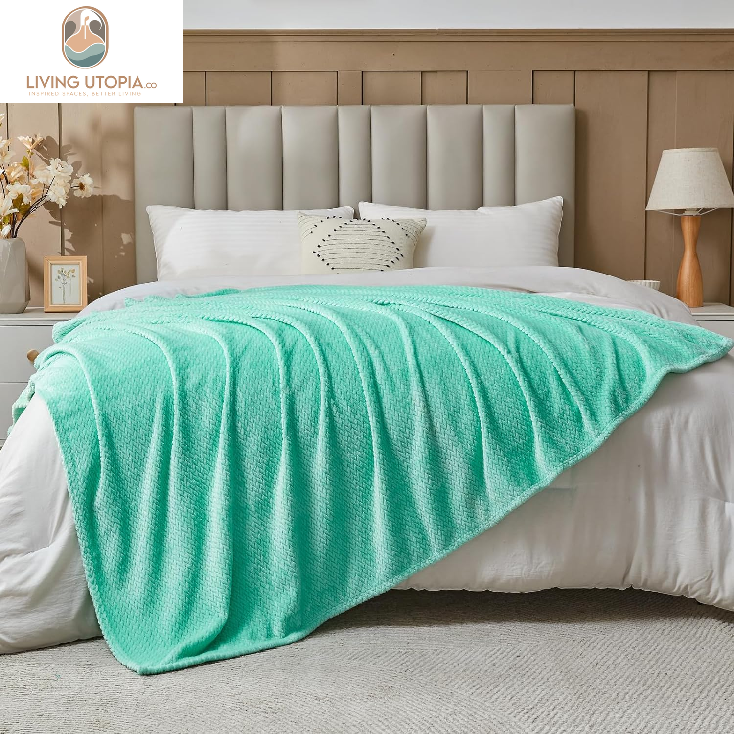 Super Soft Throw Blanket Aqua Premium Silky Flannel Fleece Leaves Pattern Lightweight Bed Blanket All Season Use (Aqua, Throw(40"X50"))