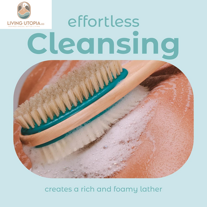 Back Scrubber for Shower – Long Handle Dual-Sided Brush for Body Wash & Scrubbing with Exfoliating & Soft Bristles (Teal, Wood)