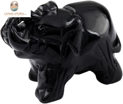 Black Obsidian Crystal Elephant Sculpture Statue Crafts Healing Reiki Pocket Gemstone Figurines 1.5 Inch