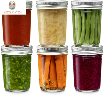 Glass Regular Mouth Mason Jars, 8 Oz Jars with Silver Metal Airtight Lids for Meal Prep, Dry Food Storage, Canning, Drinking, for Overnight Oats, Jelly, Spices, Salads, Yogurt (6 Pack)