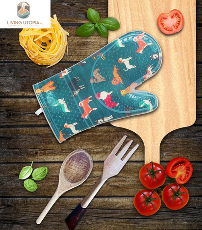 Oven Mitts Set of 2 with Transparent Clear Silicone Shell and Nice Dog Printing Cotton Lining, Heat Resistant to 500 F Kitchen Oven Gloves Pot Holder for Cooking (Blue)