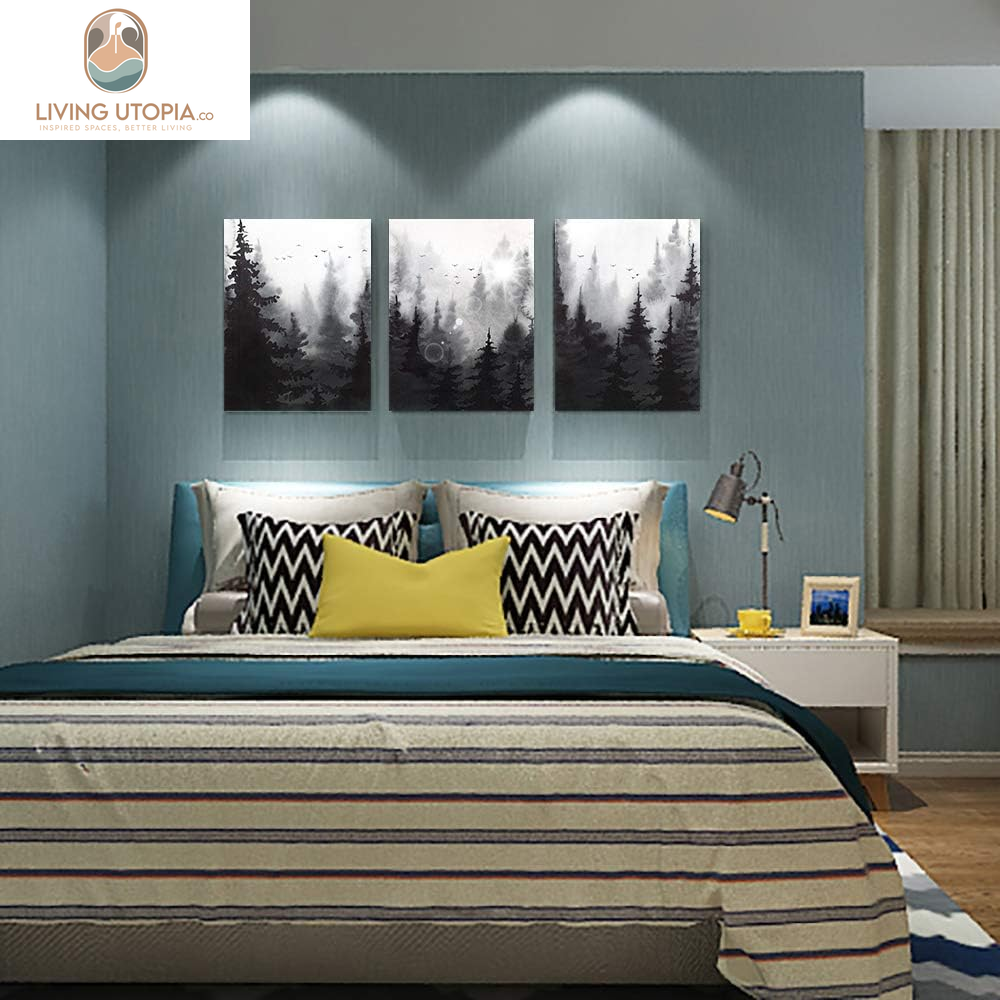 Scenery Watercolor Painting 3 Pieces Canvas Wall Art for Living Room Wall Decor for Bedroom Decorations Modern Office Home Decoration Black and White Forest Landscape Posters Canvas Prints Artwork
