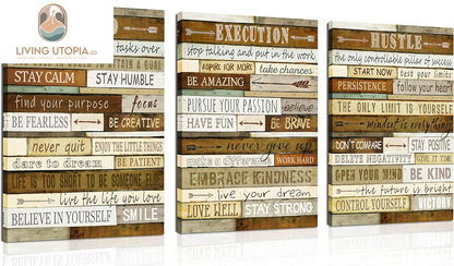 Motivational Wall-Decor - Brown Inspirational Posters - 3 Piece Canvas Wall Art for Bedroom Ready to Hang Size 12" X 16"