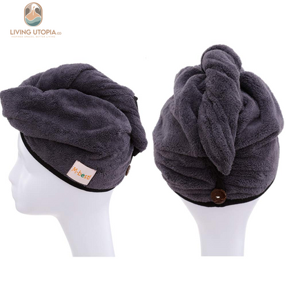 2 Pack Hair Drying Towels, Hair Towel Wrap,Absorbent Microfiber Hair Towel Turban with Button Design to Dry Hair More Quicker(Dark Gray& Blue)