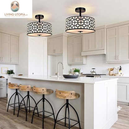 DLLT Flush Mount Ceiling Light: Modern 3-Light Semi Flush Mount Ceiling Light Fixture - Drum Kitchen Lighting Fixture for Dining Room - Black Bedroom Ceiling Lamp with Double Shade