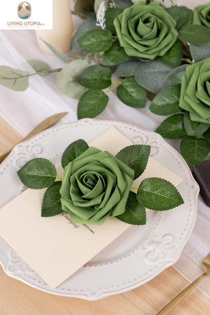 Artificial Flowers Roses Army Green Foam Rose 50Pcs Fake Flowers with Stem for DIY Wedding Bouquets Centerpieces Bridal Baby Shower Party Home Shower Arrangement Decoration