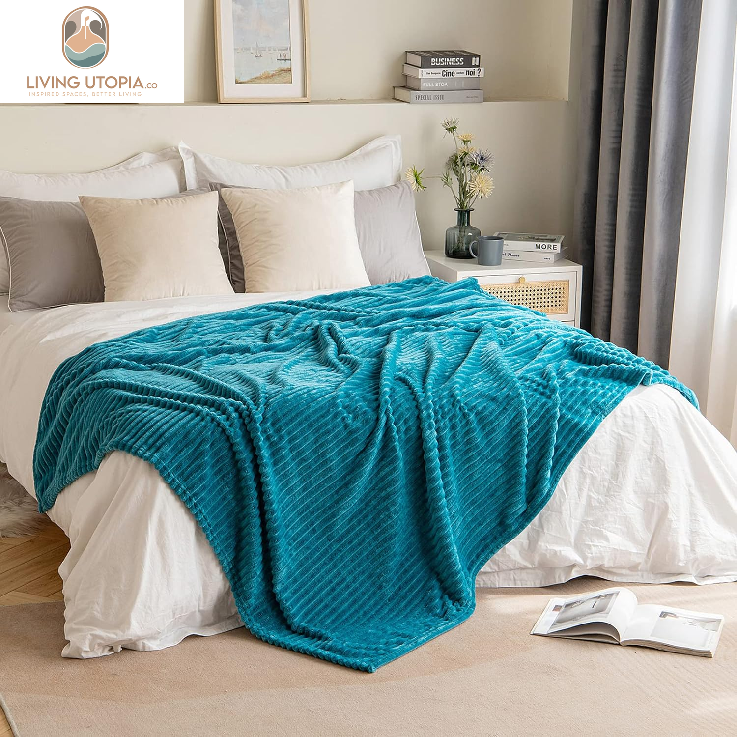Fleece Throw Blanket for Couch 300GSM Super Soft Lightweight Plush Striped Blanket, Teal Blue Warm Cozy Breathable Ribbed Blanket for Bed/Sofa, Throw Size 50"X60", Turquoise