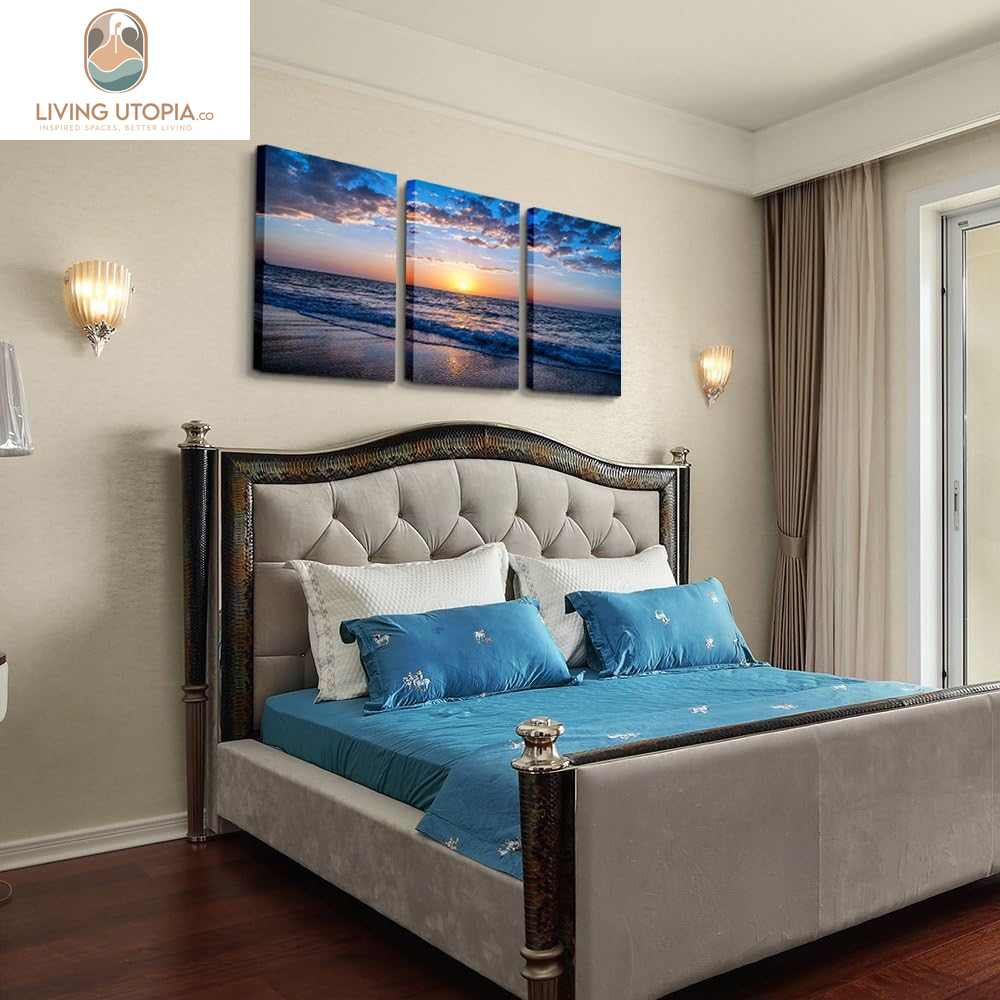 3 Piece Canvas Wall Art -Sunrise Blue Sea View Landscape - Modern Home Decor Room Stretched and Framed Ready to Hang - 12"X16"X3 Panels